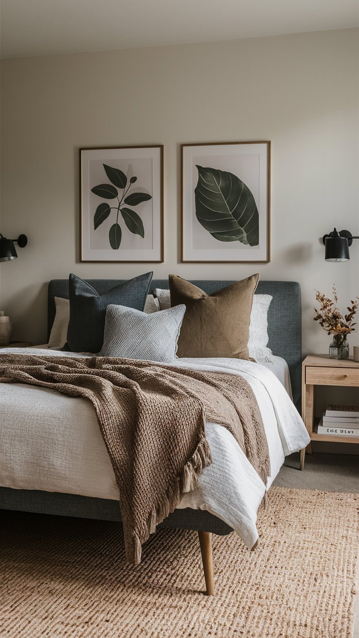  Mix and match throw pillows in muted earth tones like olive green, soft brown, and dusty blue for subtle color variation.