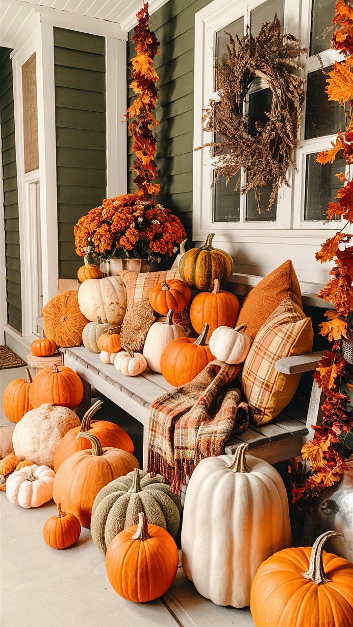 Use a mix of real and faux pumpkins in various sizes and colors to add a festive touch. 