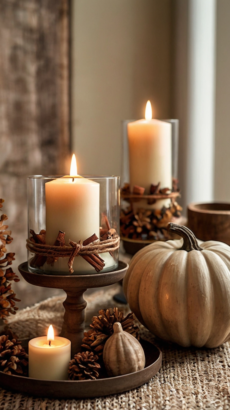 Use candles with scents like cinnamon, vanilla, or sandalwood to evoke fall feelings.