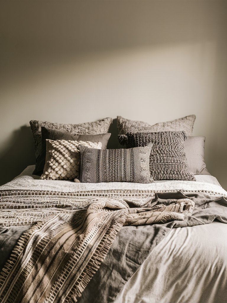 Use different textures and patterns in your bedding to create a cozy, inviting atmosphere.