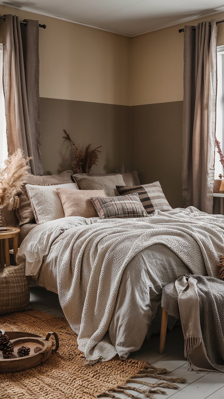 Use soft, neutral-toned blankets, throws, and pillows to create a cozy, layered look. 