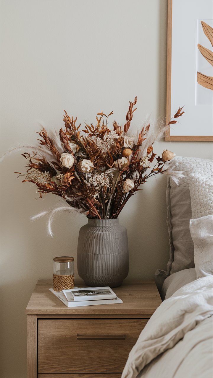 Use understated ceramic or glass vases filled with neutral-toned dried flowers.